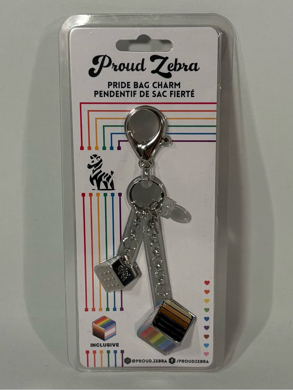 [BRAND NEW] PROUD ZEBRA PRIDE BAG CHARM PRIDE FLAG CUBE METALLIC SILVER KEYCHAIN